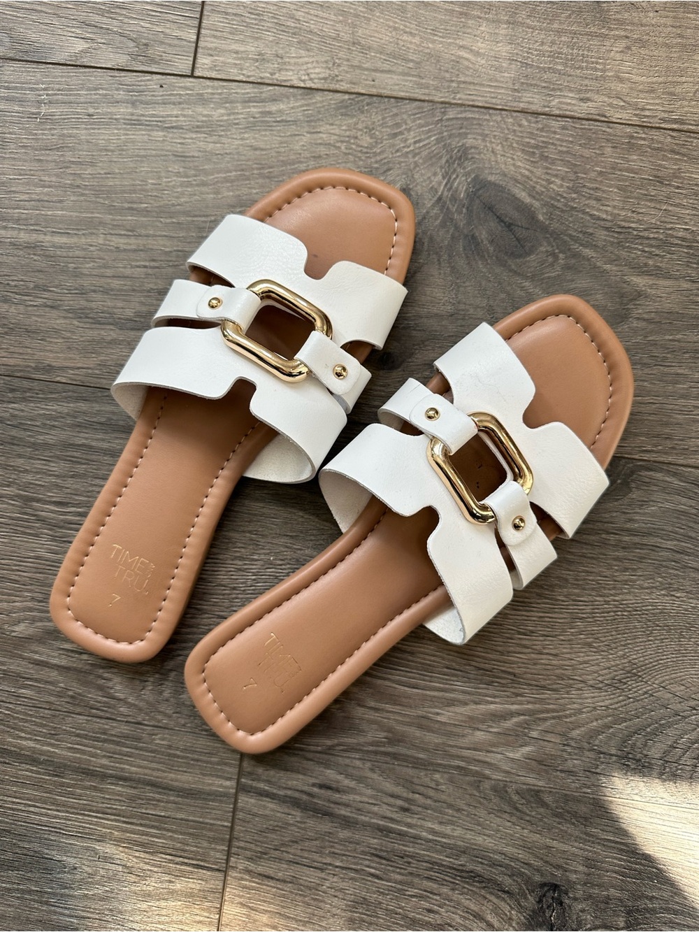Time and Tru White Slide Sandals with Gold Buckle